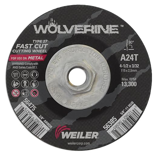 Weiler 56385 4-1/2 Inch Cutting Wheel, Wolverine AO Steel/Metal Fast Cutting, 3/32" A24T Type 27 5/8"-11 Hub, Pack of 10