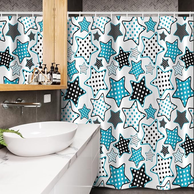 Ambesonne Cartoon Stall Shower Curtain, Stars Shapes Cartoon Illustration Geometry Cheer Celebration, Fabric Bathroom Decor Set with Hooks, 54" W x 78" L, Petrol Blue Black White