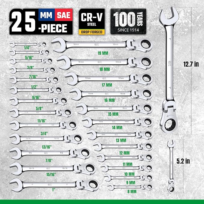 SK Flex Head Ratcheting Wrench Set, SAE 1/4'' to 1'', Metric 8 to 19mm | Ratchet Wrenches Set, Combination Wrench Set 25-Piece, 72-Tooth, Chamfered Head Design, Premium CR-V Steel, Rack Organizer