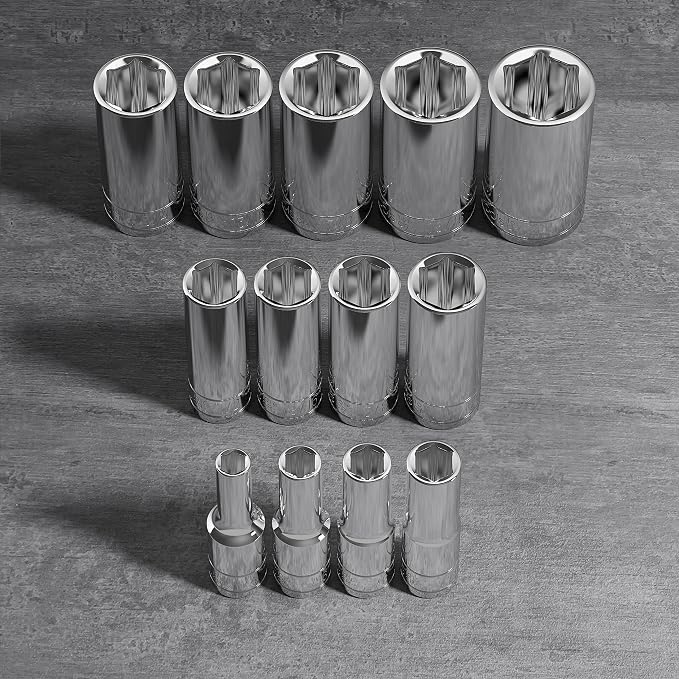 Olsa Tools 3/8-Inch Drive SAE Deep Socket Set - 13pc | 6-Point Chrome Vanadium Sockets, 1/4" to 1", No Skipped Sizes - Professional-Grade SAE Socket Sets - Part: 1332