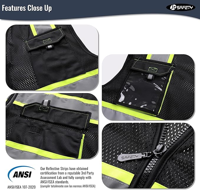 JKSafety Hi Vis Reflective Safety Vests for Men Women High Visibility Vest with Pockets Fabric Construction Safety Apparel Neon Vest for Work (220-Black M)