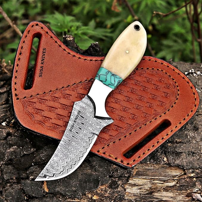 Custom Handmade 7'' fixed blade hoof rasp knife Cow boy knife Turquoise Handle Damascus steel Bull cutter, cowboy knives with pancake leather sheath (BONE)
