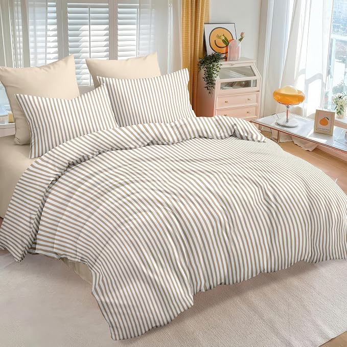 Sedefen Striped Duvet Cover Queen 3 Pcs Brown Stripe Geometry Bedding Set for Girls Soft Microfiber Reversible White Geometric Stripes Duvet Cover Set with Zipper Closure and 2 Pillowcases