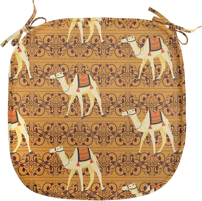 Lunarable Camel Chair Seating Cushion Set of 12, Traditional Pattern with Strokes Desert Animal Repetition in Folk Accessories, Anti-Slip Seat Padding for Kitchen & Patio, 16"x16", Apricot and Cream