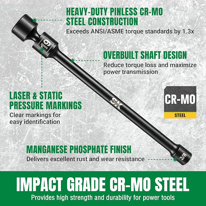 SK 3/8'' Drive Pinless Universal Impact Extension Socket Set, CR-Mo Steel | 360° Swivel, Metric 6-Point 10-19mm Wobble Socket, 10-Piece, Exceeds ANSI/ASME by 1.3X Torque, 10'' Long Reach Torque Saver