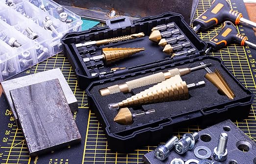 NordWolf 12-Piece HSS Titanium Metric Step, Countersink, Cone Drills with 1/4" Hex Shank, Multi Drill Saw & Automatic Center Punch Set in Storage Case