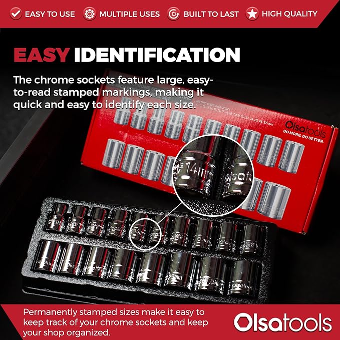 Olsa Tools 1/2-Inch Drive SAE Deep Socket Set - 18pc | 6-Point Chrome Vanadium Sockets, 10mm-27mm, No Skipped Sizes - Professional-Grade SAE Socket Sets - Part: 1326