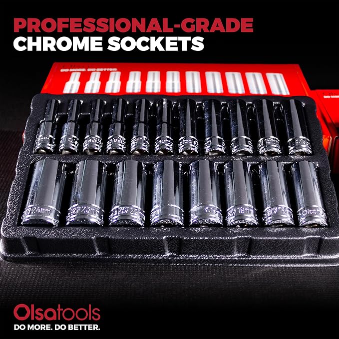 Olsa Tools 3/8-Inch Drive SAE Deep Socket Set - 19pc | 6-Point Chrome Vanadium Sockets, 6 mm to 24 mm, No Skipped Sizes - Professional-Grade SAE Socket Sets - Part: 1809