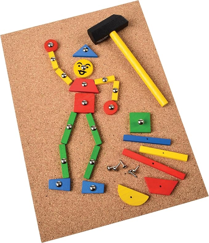 Hammer & Nail Design Kit – Montessori STEM Engineering & Geometry Building Set with 60 Wooden Tiles, Tacks, Hammer & Reusable Cork Board
