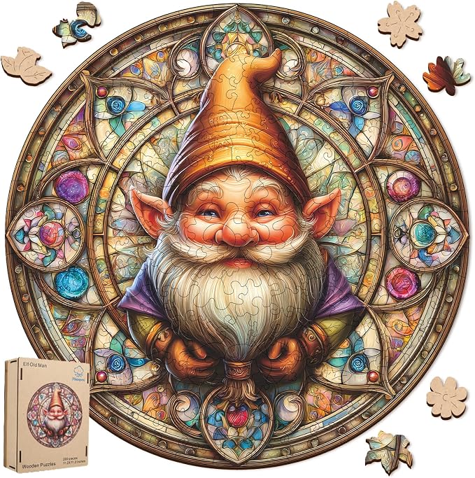 Pikoqunc Gnome Wooden Puzzle for Adults, Families & Friends – 500 Piece Round Wood Jigsaw with Unique Shapes, Perfect for Relaxation, Joy & Cozy Home Décor (16.5"x16.5")
