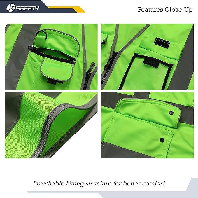 JKSafety 9 Pockets Class 2 High Visibility Zipper Front Safety Vest With Reflective Strips, Meets ANSI/ISEA Standards (150-Green, 5X-Large)