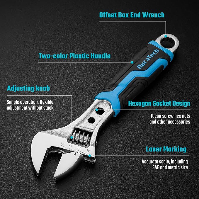 DURATECH 6 Inch Adjustable Wrench, 3-in-1 Spanner | Box End, Hex Function, CR-V Steel, Metric & SAE Scales, Chrome-plated, Bi-material Soft Grip