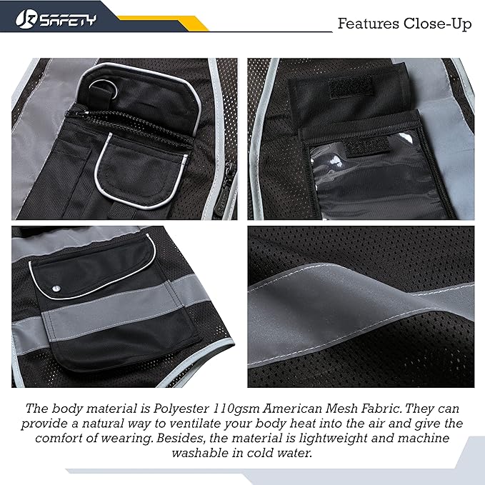 JKSafety 9 Pockets High Visibility Safety Vest for Men and Women, Hi-Vis Reflective Black Safety Vests with Zipper Front, Meet ANSI/ISEA Standards(159-Black L)