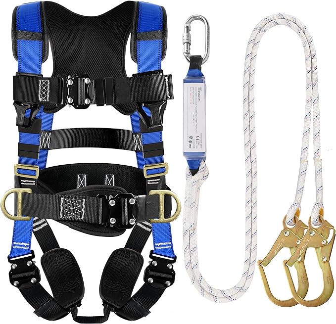 TRSMIMA Safety Harness Fall Protection - Harness Kit for Men Construction | Fall Arrest Roofing Harness Kit Men Full Body Harness with Lanyard for Work Upgrade 4 Quick Buckles Orange