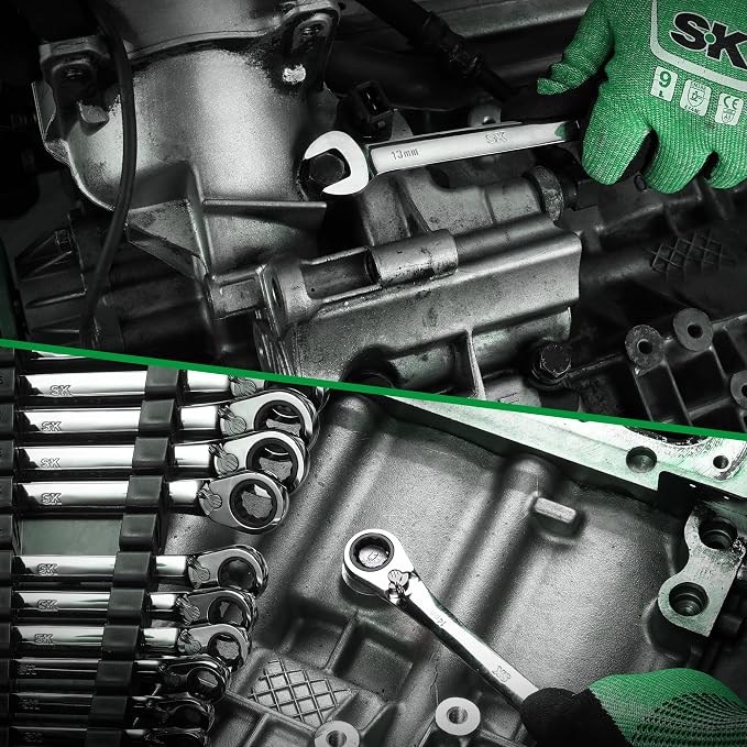 SK Reversible Ratcheting Combination Wrench Set, 12-Piece, Metric 8-19 mm | Ratchet Wrenches Set 72-Tooth, Chamfered Head Design, Premium CR-V Steel, with Rack Organizer
