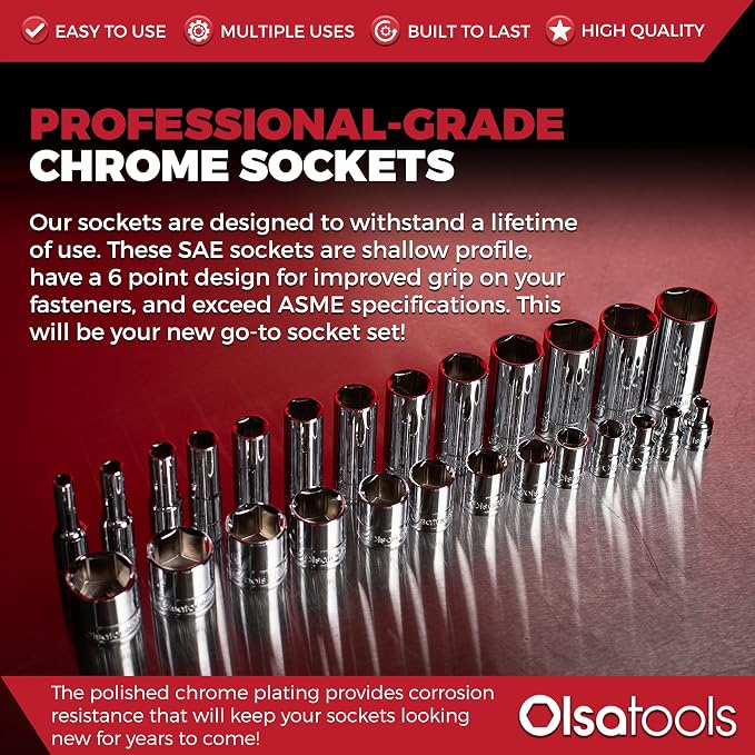 Olsa Tools 1/4-Inch Drive SAE Deep Socket Set - 13pc | 6-Point Chrome Vanadium Sockets, 1/8" to 5/8", No Skipped Sizes - Professional-Grade SAE Socket Sets - Part: 1330