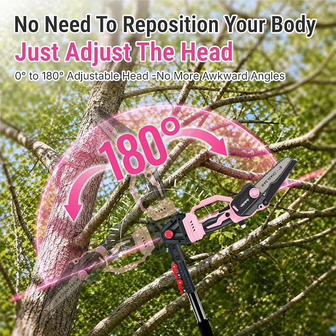 Pink 2-in-1 Cordless Pole Saw for Tree Trimming, 6-Inch Mini Chainsaw with Extension Pole, Battery Powered Pruning Saw for Small Branches, 2 x 4000mAh Batteries, Brushless Motor, Auto Oiler