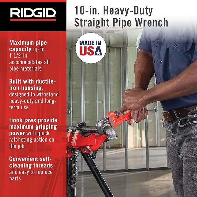 RIDGID 31010 Model 10 Heavy-Duty Straight Pipe Wrench, 10-inch Plumbing Wrench, Red, Black, 250mm (10in)
