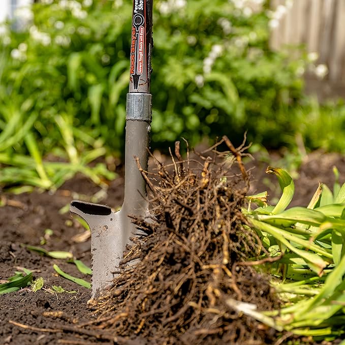 Root Slayer 23311 Perennial Garden Shovel with Serrated Blade for Digging and Root Cutting, Fiberglass Shaft, Heavy Duty Steel Spade, Red