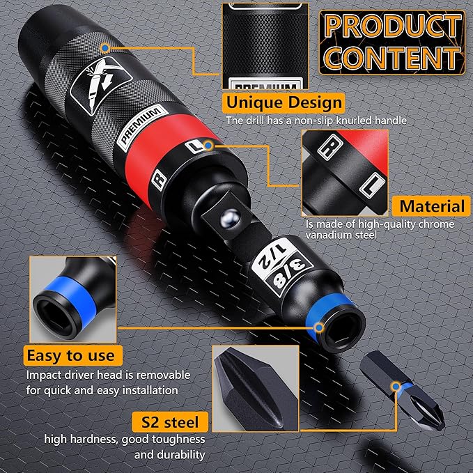 1/2" Hand Impact Screwdriver Set, 13 PCS Manual Reversible Impact Driver Kit, S2 Steel Bits Repair Tool, Disengage Rusted Fasteners or Frozen Bolts