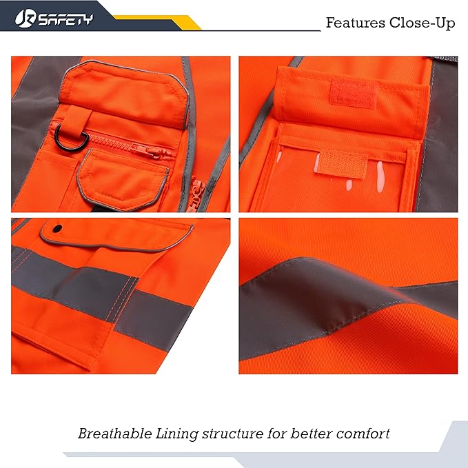JKSafety 9 Pockets Class 2 High Visibility Zipper Front Safety Vest With Reflective Strips, Meets ANSI/ISEA Standards (150-Orange XL)