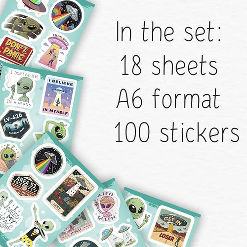 100Pcs UFO Stickers for Water Bottle, Laptop – Alien Stickers and Decals – UFO Gifts - Alien Party Supplies & Decorations - Gifts for Men & Women
