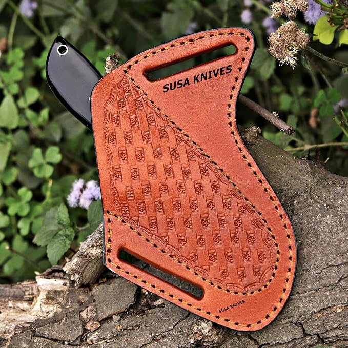 Custom Handmade 7'' fixed blade hoof rasp knife Cow boy knife Turquoise Handle Damascus steel Bull cutter, cowboy knives with pancake leather sheath (BLACK HORN)