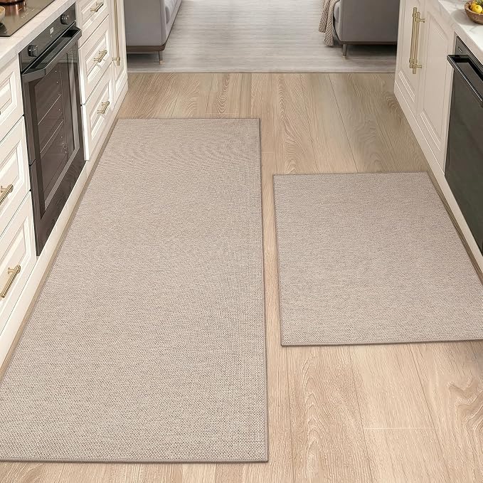 Color&Geometry Washable Kitchen Floor Mats Set,Extra Long Absorbent Non Slip Kitchen Runner Rug for Front Sink, Laundry, Hallway, 24"x36"+24"x72", Greige