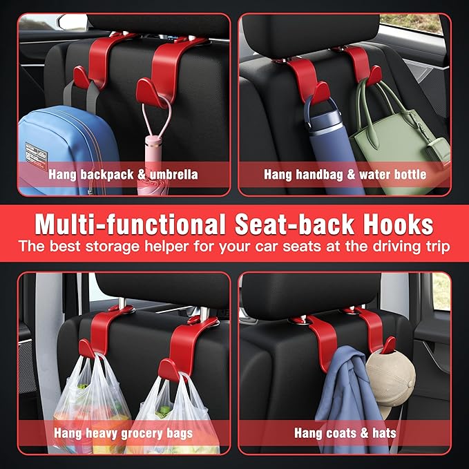 Amooca Car Seat Headrest Hook 4 Pack Hanger Storage Organizer Universal for Handbag Purse Coat Universal fit Vehicle Car S Type Red