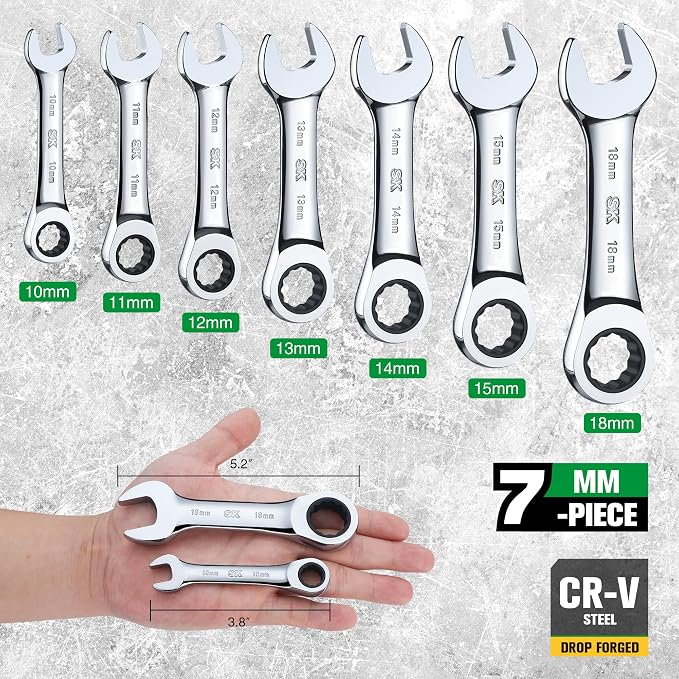 SK Stubby Ratcheting Wrench Set, Combination Wrench Set, 7-Piece, Metric, 72-Tooth, CR-V Steel, with Rolling Pouch