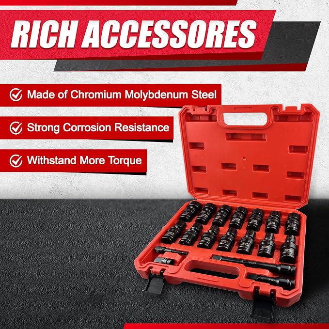 18PCS 1/2" Drive Shallow Universal Impact Socket Set,Swivel Socket Set,Metric Flexible Wobble Sockets, CR-MO,10-24mm, 3", 6" Extension Bar, Adapter,6 Point