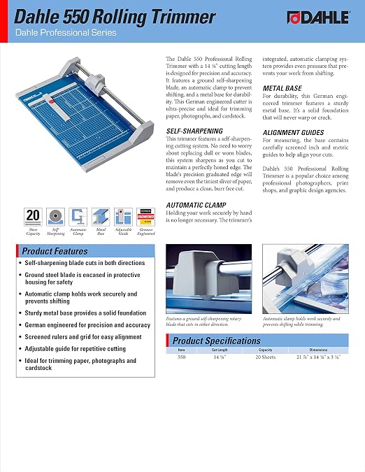 Dahle 550 Professional Rolling Trimmer, 14-1/8" Cut Length, 20 Sheet Capacity, Self-Sharpening, Automatic Clamp, German Engineered Paper Cutter