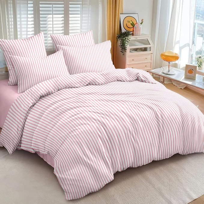 Sedefen Striped Duvet Cover King Size Pink Stripes Duvet Cover Set 3 Pcs Kids Boys Girls Women White Geometric Stripe Reversible Soft Microfiber Bedding Set with 2 Pillowcases
