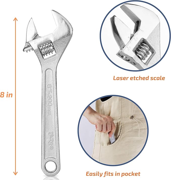 Mr. Pen- Adjustable Wrench, 8 Inches, Heat-Treated Carbon Steel, Wide Caliber Opening, Wrench Tool for Home, Workshop and Auto Repairs
