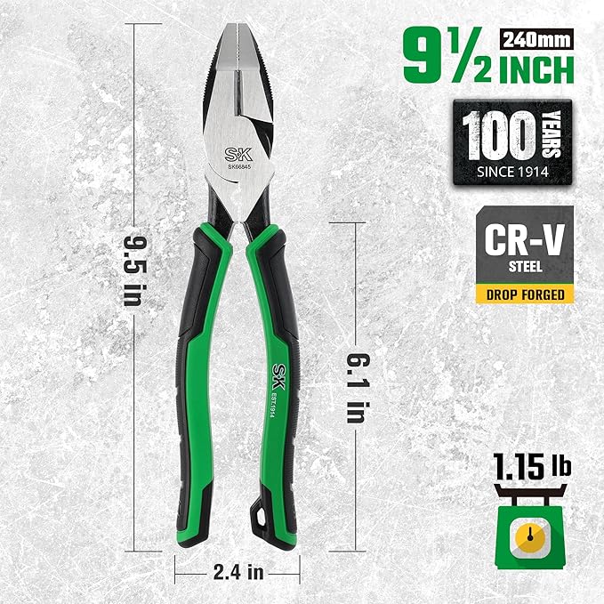 SK 9.5-Inch Linesman Pliers, High Carbon Steel, Ergonomic Anti-slip Handle for Comfortable Grip