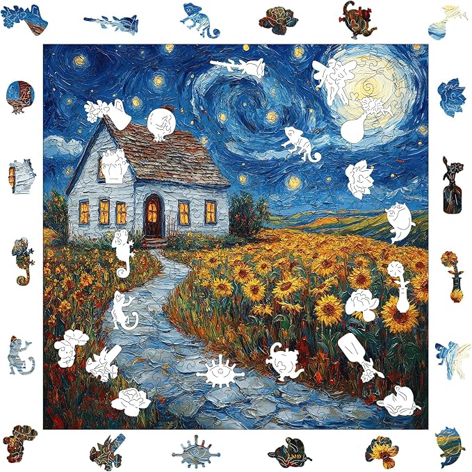 Pikoqunc Sunflower Village Wooden Puzzles for Adults,200 Pieces 11.2x11.2 in,Charming Countryside Jigsaw Puzzle with Unique Laser-Cut Pieces and Exquisite Box, for Family Fun and Festival