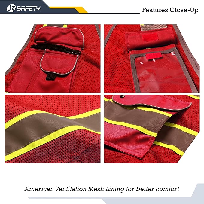 JKSafety 9 Pockets Hi-Vis Neon Red Zipper Front MESH Safety Vest with Fluorescent Yellow Extend Edge outlining the Reflective Tapes Meet ANSI/ISEA Class 2 Standard (100-Red, 4X-Large)