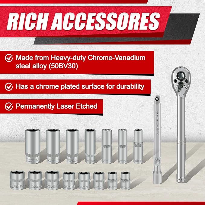 EACELIY 69pcs 1/4”&3/8"" Drive Impact Socket Set,Drive Master Socket Set,SAE/Metric, Deep & Shallow with Drive Head Ratchet,Drive Spark Plug Socket,Extension bar (3” & 6”),6 Point,CR-V Steel, Mirror