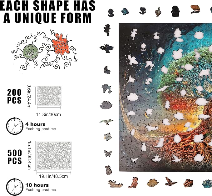 Mys Aurora Wooden Puzzles for Adults Tree of Life 500 Piece Puzzles for Adults, 13.4'' x 19.1'' Luxurious Unique Shape Puzzles Beautiful Package Best Gift for Family Friends