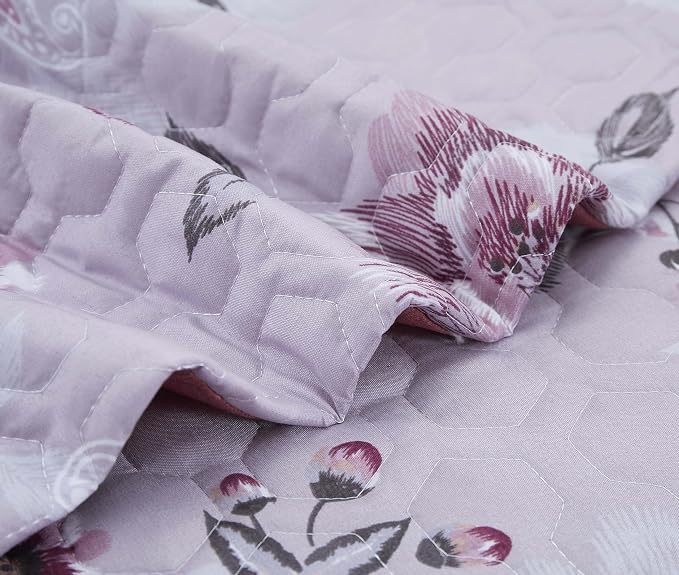 Boho Floral Quilt Set King Size, Lightweight Microfiber Bedspread Coverlet, Soft All Season Bedding with 2 Pillow Shams, Vintage Botanical Purple Flowers Pattern (Purple Flowers, King) | Breathable