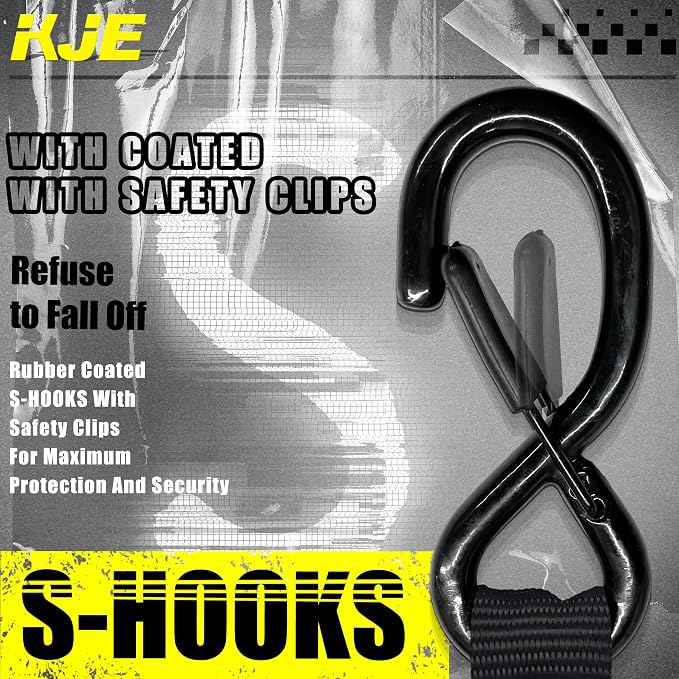 KJE Retractable Ratchet Straps, (4)1"x10' Automatic Straps + (4)Soft Loops | 1,500lb Break Strength, Self Retracting Design, S-Hook with Clip, T Handle, For Motorcycle, Kayak, ATVs, Trailer Tie Downs