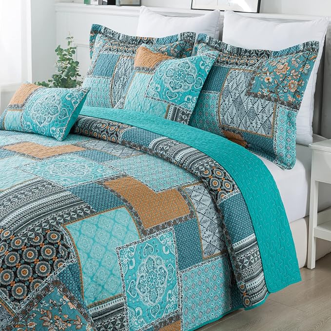BEDIFANY Cotton Queen Size Quilt, Lightweight Bedspread Queen Size, Teal, Quilted Coverlets Queen Quilt Bedding Sets for Bed Decorations for All Seasons. 3 Pieces