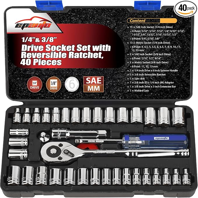 EPAuto 40 Pieces 1/4-Inch & 3/8-Inch Drive Socket Set, 72 Tooth Ratchet