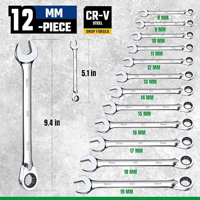 SK Reversible Ratcheting Combination Wrench Set, 12-Piece, Metric 8-19 mm | Ratchet Wrenches Set 72-Tooth, Chamfered Head Design, Premium CR-V Steel, with Rack Organizer