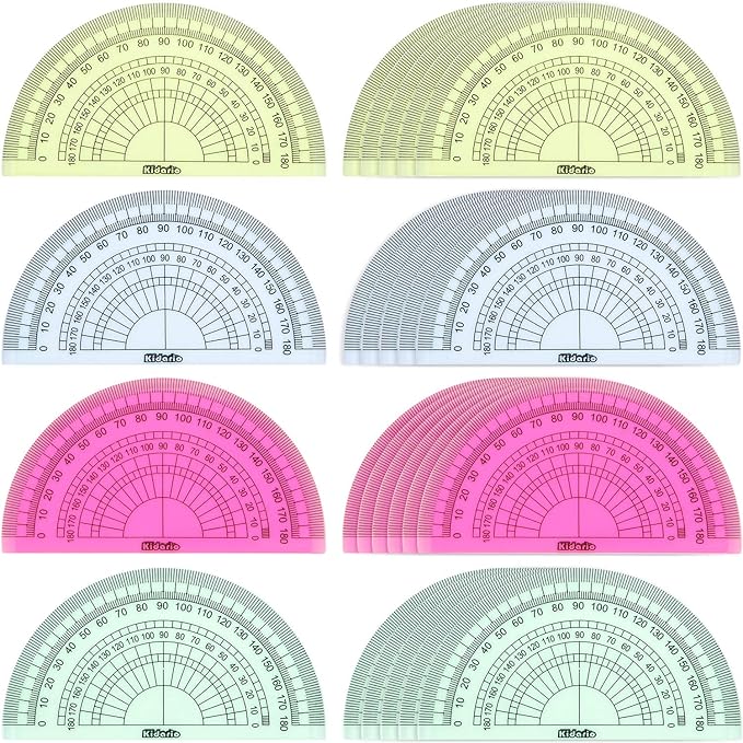 24 Pack Plastic Protractors Math Protractor 180 Degrees 4 Inch (Red Green Yellow Blue)
