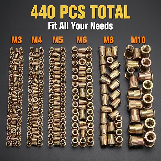 440-piece Rivet nut Tool Set, Metric Rivet nut Assortment (M3/M4/M5/M6/M8), Suitable for Decorative Applications; Ideal for use in Furniture, Automotive, Marine, and Industrial sectors