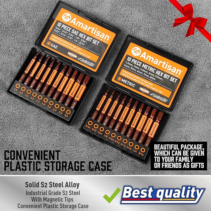 Amartisan 20-Piece Hex Head Allen Wrench Drill Bit Set, Metric and SAE S2 Steel Hex Bits Set, Magnetic Tips, 2.3" Long With Storage box.