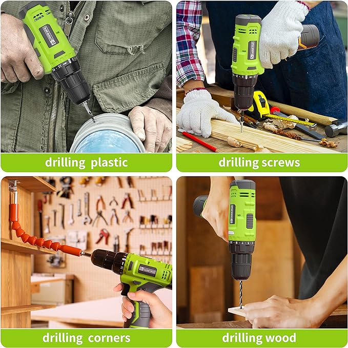 FADAKWALT Cordless Drill Set,12V Power Drill Set with Battery and Charger, Electric Driver/Drill Bits, 3/8'' Keyless Chuck,21+1 Torque Setting, 180 inch-lbs, with LED Electric Drill Set (Green)
