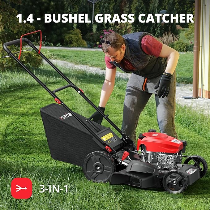 AMERISUN Self-Propelled Gas Lawn Mower, 170cc OHV Engine with High-Velocity Cooling, 21" Steel Deck, 1.4-Bushel Grass Catcher, 6-Position Height Adjustment, 3-in-1 Mulching & Discharge System