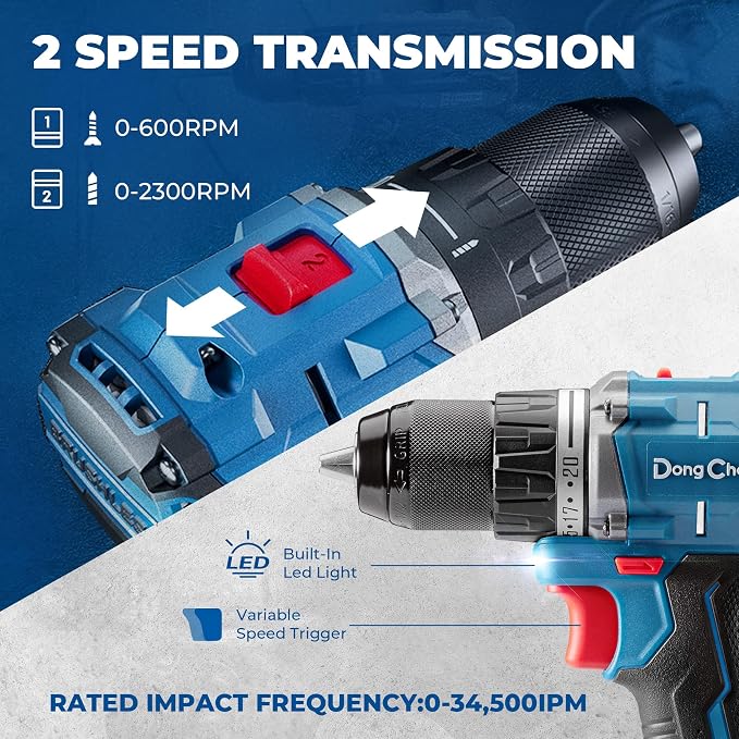 Dong Cheng 20V Brushless Heavy-duty Impact Drill Bare Tool, 531 in.lbs, 1/2" Keyless All Metal Chuck, 20+1+1 Clutch for Drilling Brick Wall, Metal, Wood (Bare Tool)